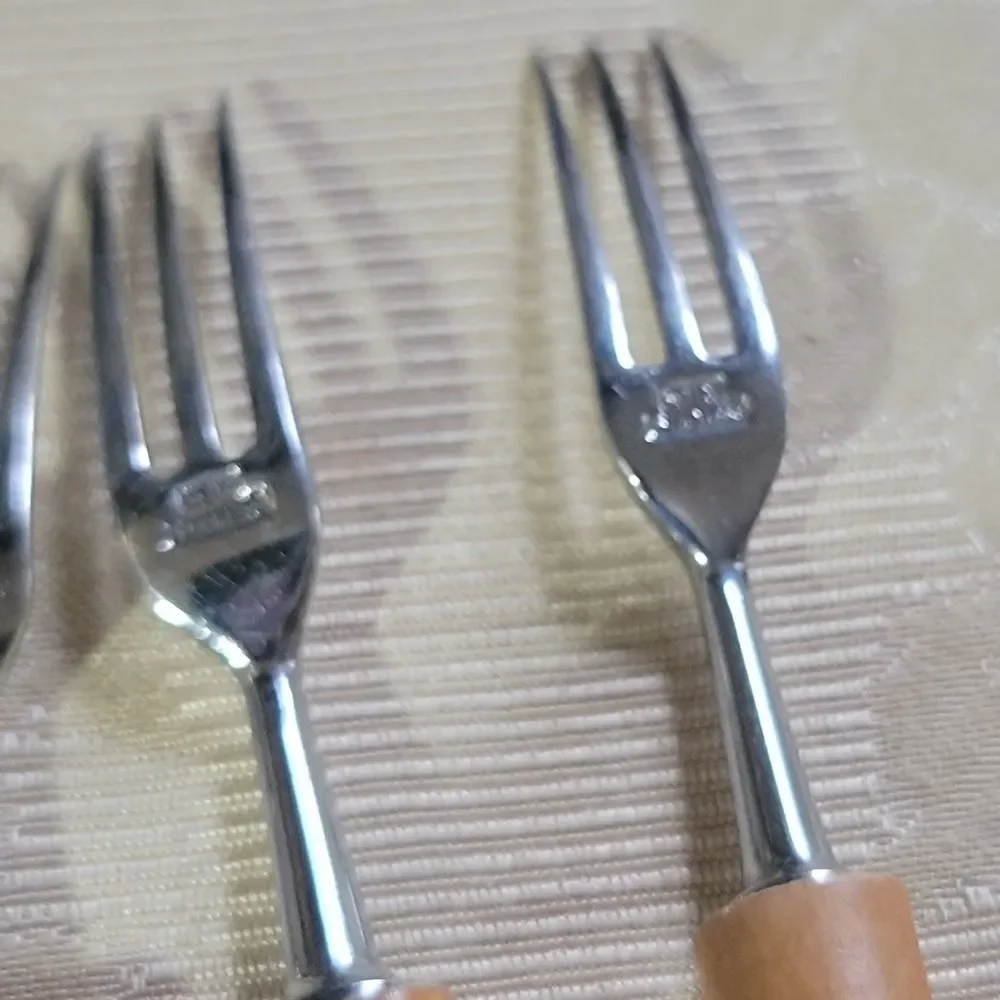 Bamboo Handle Stainless Steel Fork Set 6 Appetizer Dessert Cocktail Fondue MCM